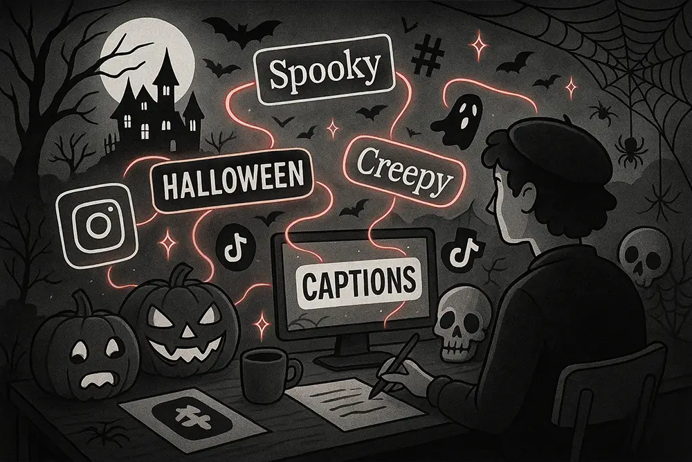 Black-and-white Halloween illustration with glowing red accents featuring spooky captions, pumpkins, skulls, bats, and Instagram TikTok icons.